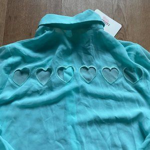 NWT Sheer Aqua Heart Cutout Button Down Shirt in L